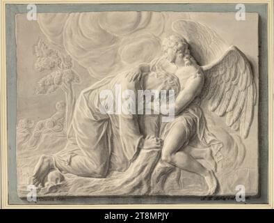 Kopie nach einem Relief von G.R. Donner: Christus auf dem Ölberg, Jan Jakub Quirin Jahn (Prag 1739 - 1802 Prag), 1796, Zeichnung, Pinsel in Grau, Aquarell: Grisaille in Trompe l'oeuil-Manier, das Relief erscheint auf blauem Hintergrund ('dans le gout du camée' (CAH.), 25,9 x 33,7 cm (10 3/16 x 13 1/4 Zoll), l.u. Herzog Albert von Sachsen-Teschen, l.u., Stift in schwarz; unten rechts 'J.Q. Jahn del Stockfoto