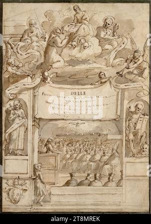 Christus auf Wolken, mit Petrus und Paulus neben ihm; in Nischen die Heiligen Franziskus und Jerome; einschließlich Kapuziner bei einer Gemeindeversammlung; unten links päpstliches Wappen Barberibi, Giulio Mazzoni (Italien, 1525? - 1618?), Zeichnung, Stift, Tinte, gewaschen, 31,5 x 22,2 cm, r.r. Zoomer; l. b. Herzog Albert von Sachsen-Teschen, unten links in der Tinte der Zeichnung 'Julio Mazzone.'; auf dem Tuch wie eine Kartusche in der Mitte 'DELLE ..' gestreckt; im Banner über der Versammlung unten 'Annunciaui justitiam tuam in Ecclesia magna Stockfoto