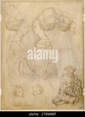 Studienblatt (drei Studien über Frauen im Profil; zwei Putten; ein heiliger, der einen Stift schärft; rechts zwei Eremiten), Antonio Pisano, genannt Pisanello (Pisa 1395 - 1455 Rom), Zeichnung, Silberpunkt, Stift, auf Pergament, 21,1 x 16 cm, Lagoy; r.b. Herzog Albert von Sachsen-Teschen, unten links die sogenannte Pseudo-Signatur des römischen Skizzenbuches Nicolo Pisano Stockfoto