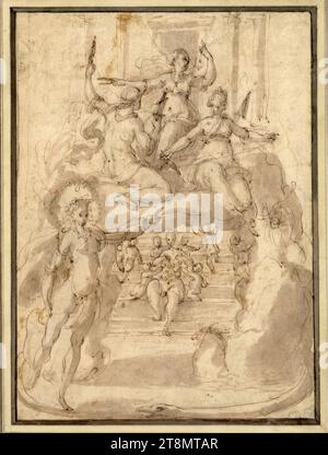 Die drei Schicksale schweben vor einer Palastarchitektur, auf Wolken sitzend, über einer Treppe, auf der die Epheser Diana mit Kindern sitzt; vorne links Apollo und die Schlange Python, anonym, Zeichnung, Stift, Tinte, gewaschen, 30,3 x 22 cm, l.l., Herzog Albert von Sachsen-Teschen Stockfoto