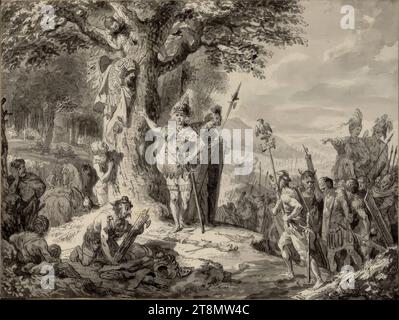 Nach der Schlacht im Teutoburger Wald lässt Armin römische Trophäen an eine Eiche hängen. Johann Heinrich Tischbein (der ältere) (Haina 1722–1789 Kassel), nach 1767, Zeichnung, Stift und Tusche mit grauer Waschung, 17,2 x 22,9 cm Stockfoto