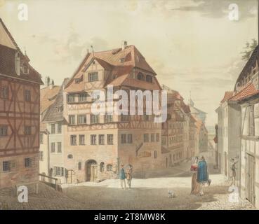 Das Dürer-Haus in Nürnberg, Johann Philipp Walther (Mühlhausen 1798 - 1868 Nürnberg), 1827, Zeichnung, Aquarell, Stift und Tusche in schwarz-grau, über Bleistift, vorne teilweise mit Pinsel in weiß erhöht; schwarze Rahmenlinie, 21,2 x 25,9 cm, l.l. 'P Walther fec. Nbg 1827.“ (Stift und Tinte in schwarz) Passepartout: verso, unten rechts: 'Aus der Karajan-Sammlung' - Recto, auf Pseudo-Albert Mount Katalogauszug: '2284. Nürnberg. Albrecht Durers Haus. Aquarell von P. Walther. kl.qu.fol. Unterzeichnet 1827 Stockfoto