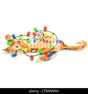 Niedliches Kätzchen, das mit Weihnachtslichtern spielt, isolierte Illustration Stockfoto