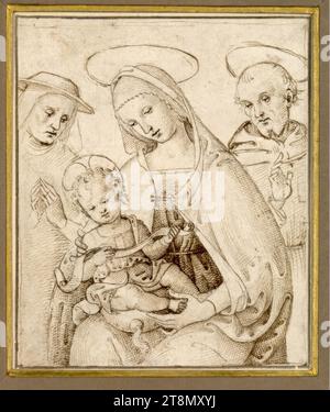 Madonna und Kind zwischen den Heiligen Jerome und Franziskus, Giovanni di Berto (Città della Pieve 1495 - 1529 Perugia), Zeichnung, Metallschreiber, Stift, 13,8 x 11,4 cm, l. l. l. Herzog Albert von Sachsen-Teschen Stockfoto