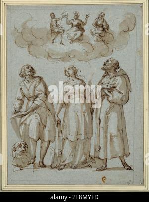 Christus zwischen Johannes dem Täufer und der Madonna schwebt auf Wolken, um den Evangelisten, die Heilige Katharina und den Heiligen Franziskus, Francesco Allegrini (Italien, 1624 - nach 1679), Zeichnung, Pen; Tinte; graues Waschen; mit weiß erhöht; blaues Papier, 25,5 x 19,5 cm, l.l., Herzog Albert von Sachsen-Teschen, in alten Händen '16 Stockfoto