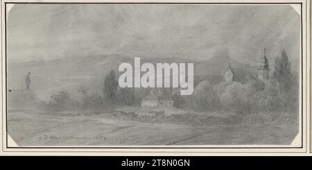 Landschaft mit Dorf, Carl Pischinger (Niederhollabrunn-Streitdorf 1823 - 1886 Liezen), 1854, Zeichnung, Bleistift, Blatt: 8,3 x 16,9 cm, l.l. 1854 Stockfoto