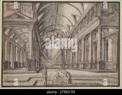 Tempelinnere mit der Heilung des Lahmen, Hans Vredeman de Vries (Leeuwarden/Friesland 1526 - 1606 Hamburg), 1555, Zeichnung, Pinsel in Violett, graue Waschung, 28,5 x 39 cm, rechts und Herzog Albrecht von Sachsen-Teschen Stockfoto