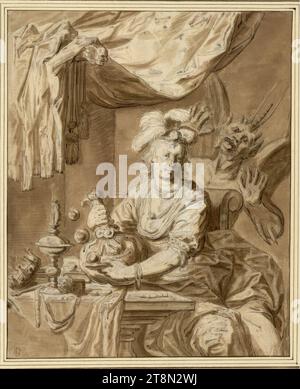 Vanitas-Allegory (Frauenwelt mit Schätzen, Seifenblasen und Teufel), Gerrit van Honthorst (Utrecht 1590 - 1656 Utrecht), Zeichnung, schwarze Kreide, Stift in Braun, gewaschen, weiß erhöht; Opaque weiß oxidiert stellenweise dunkel; Riss durch die rechte untere Ecke., 23,9 x 19,5 cm, links und Herzog Albert von Sachsen-Teschen, Monogr. Links unten mit einer anderen Hand mit Stift: „Ab“ (verbunden Stockfoto