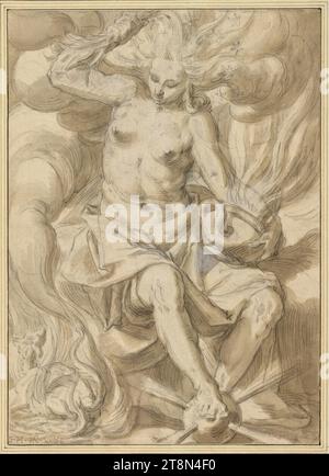 Das Feuer (weibliche Allegorie), Gerrit van Honthorst (Utrecht 1590 - 1656 Utrecht), Zeichnung, schwarze Kreide, braune Waschung, weiß erhöht, 35,2 x 25,2 cm, rechts und Herzog Albrecht von Sachsen-Teschen links. Unten (von Hand?): „G. H.IN.VENT Stockfoto