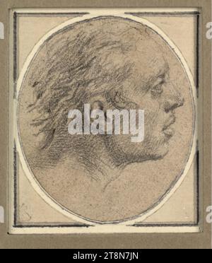 Männlicher Kopf mit einem Ausdruck des Erstaunens, im Profil rechts, Gabriel Metsu (Leiden 1629–1667 Amsterdam), Zeichnung, schwarze Kreide, auf bräunlich hellgrauem Büttenpapier; ovaler Schnitt., 7,0 x 6,0 cm, l. und Herzog Albert von Sachsen-Teschen Stockfoto