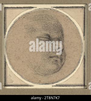 Kopf eines schlafenden Kindes, Dreiviertelprofil rechts, Gabriel Metsu (Leiden 1629–1667 Amsterdam), Zeichnung, schwarze Kreide, auf bräunlich hellgrauem Büttenpapier; zugeschnitten zu einem runden Medaillon., 5,5 x 5,6 cm, l. und Herzog Albert von Sachsen-Teschen Stockfoto