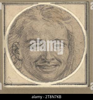 Kopf eines lächelnden jungen Mannes, en Face, Gabriel Metsu (Leiden 1629–1667 Amsterdam), Zeichnung, Schwarze Kreide, auf bräunlich hellgrauem Büttenpapier; zu einem runden Medaillon geschnitten., 5,8 x 5,8 cm, l. und Herzog Albert von Sachsen-Teschen Stockfoto