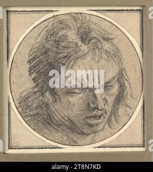 Kopf eines jungen Mannes mit Zornausdruck und geschlossenen Augen, Gabriel Metsu (Leiden 1629 - 1667 Amsterdam), Zeichnung, schwarze Kreide, 7,4 x 7,4 cm, l. und Herzog Albert von Sachsen-Teschen Stockfoto