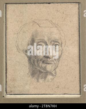 Kopf einer alten Frau, die auf den Betrachter blickt, Gabriel Metsu (Leiden 1629 - 1667 Amsterdam), Zeichnung, schwarze Kreide, 8,5 x 7,0 cm, l. und Herzog Albert von Sachsen-Teschen Stockfoto