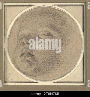 Kopf eines schlafenden Kindes, im Dreiviertelprofil links, Gabriel Metsu (Leiden 1629–1667 Amsterdam), Zeichnung, schwarze Kreide, auf braunem hellgrauem Büttenpapier; zu einem runden Medaillon geschnitten., 6,1 x 6,1 cm, l. und Herzog Albert von Sachsen-Teschen Stockfoto