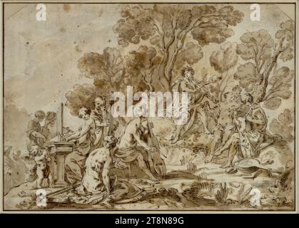 Der Parnassus. Apollo und die Musen machen Musik; ganz links kommen zwei Dichter auf den Berg, anonym, zeichnen, Kreide; Feder; gewaschen; die oberen Ecken abgeschrägt, 21,7 x 30,5 cm, l.l., Herzog Albert von Sachsen-Teschen Stockfoto