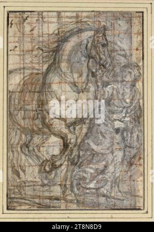 Ein gesatteltes Pferd, geführt von einer jungen Frau von dem Halter, Abraham van Diepenbeeck (s' Hertogenbosch 1596 - 1675 Antwerpen), Zeichnung, schwarze Kreide, Stift in braun, deckend weiß, mit Stift und roter Kreide gesiebt; durchwühltes, stückiges Papier, (die ganze Figur ist geflickt und rechts mit einem 6 mm breiten Streifen versehen), 11,9 x 8,2 cm, l.l., Herzog Albert von Sachsen-Teschen Stockfoto
