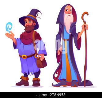 Mystischer Zauberer mit Hexenkräften. Cartoon-Vektor-Satz von zwei männlichen Zauberfiguren - merlin mit grauem Bart im langen Gewand mit Stab und Warlock tragenden Hut mit geheimnisvollem Licht auf der Hand. Stock Vektor