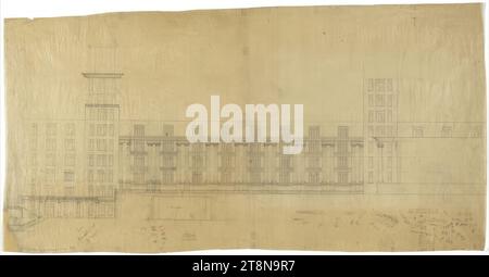 Entwicklung des Modena-Geländes, Wien III., Salesianergasse/Strohgasse/Reisnerstraße/Beatrixgasse, Blick von der Neulinggasse, 1922, Architekturzeichnung, Transparentpapier, 625 x 1256 mm Stockfoto