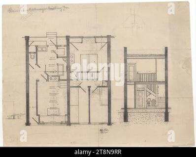 Siedlungshäuser, Wien, Reihenhaus, Typ 4m, Grundriss, Schnitt- und Bleistiftskizzen, 1921, Architekturzeichnung, Bruch, 31,1 x 40,9 cm Stockfoto