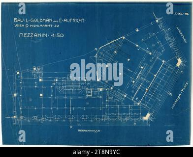 Haus am Michaelerplatz (Goldman & Salatsch Geschäftsgebäude, Looshaus), Wien I., Michaelerplatz 3, Zwischengeschoss Grundriss, 1909-1911, Architekturzeichnung, Blaudruck, 730 x 960 mm Stockfoto