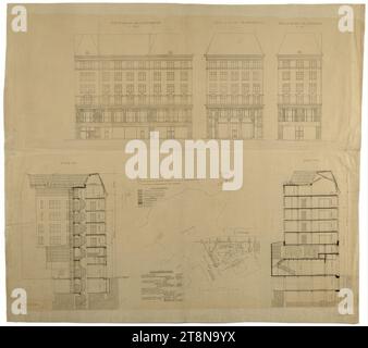 Haus am Michaelerplatz (Goldman & Salatsch Geschäftsgebäude, Looshaus), Wien I., Michaelerplatz 3, Umbauplan, Erhebungen, Abschnitte, 1909-1911, Architekturzeichnung, Druck, 937 x 1044 mm Stockfoto