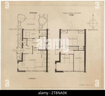 Siedlungshäuser, Wien, Reihenhaus, Ecktyp, Grundrisse, 1921, Architekturzeichnung, Bruch, 39,5 x 46 cm Stockfoto