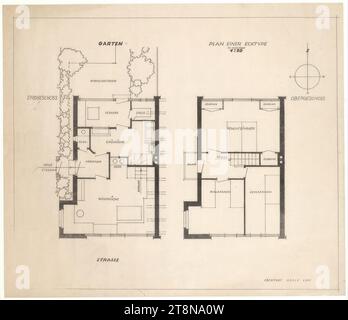 Siedlungshäuser, Wien, Reihenhaus, Ecktyp, Grundrisse, 1921, Architekturzeichnung, Bruch, 39,5 x 46 cm Stockfoto