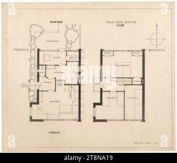 Siedlungshäuser, Wien, Reihenhaus, Ecktyp, Grundrisse, 1921, Architekturzeichnung, Bruch, 39,5 x 46 cm Stockfoto