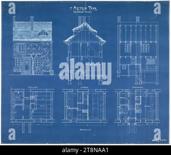 Siedlungshäuser der Kriegerheimsiedlung Hirschstetten, Wien XXII., Reihenhaus, Typ 7m, Grundrisse, Abschnitte und Fassaden, 1921, Architekturzeichnung, Bauplan, 51,2 x 60 cm Stockfoto