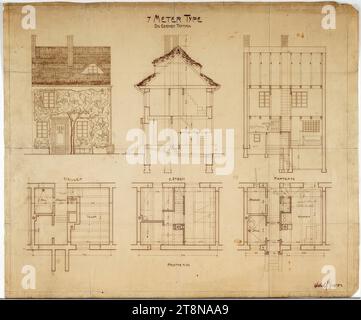 Siedlungshäuser der Kriegerheimsiedlung Hirschstetten, Wien XXII., Reihenhaus, Typ 7m, Grundrisse, Abschnitte und Fassaden, 1921, Architekturzeichnung, Bruch, 52,2 x 62,7 cm Stockfoto