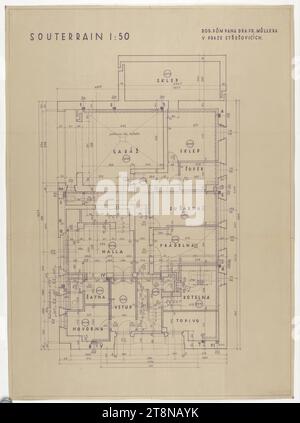 villa dr. Ing. Frantisek und Milada Müller, Prag, XVIII., Stresovicka 842 (heute 820), Tschechische Republik, Grundriss des Untergeschosses, 1928-1930, Architekturzeichnung, Bruch, 57,6 x 42 cm Stockfoto