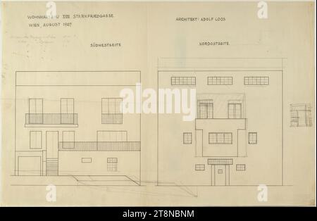 Haus Hans und Anny Moller, Wien XVIII., Starkfriedgasse 19, Fassadenerhöhung SW- und NE-Seite, Bleistiftkorrekturen, 1927. August 1927, Architekturzeichnung, Blueprint; Bleistift, 419 x 640 mm Stockfoto