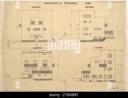 Haus Hans und Anny Moller, Wien XVIII., Starkfriedgasse 19, Fassadenskizzen, 1927, Architekturzeichnung, transparentes Papier; Feder; Tinte, 381 x 528 mm Stockfoto