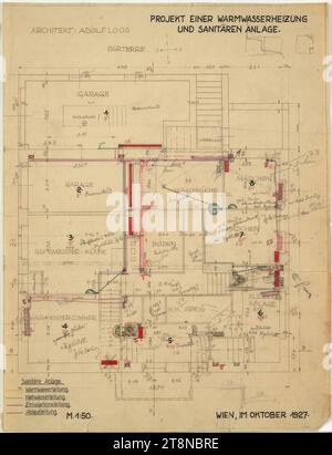 Haus Hans und Anny Moller, Wien XVIII., Starkfriedgasse 19, Grundriss, Erdgeschoss mit Heizplan, 1927. Oktober 1927, Architekturzeichnung, Bauplan; Feder; Tinte, 402 x 306 mm Stockfoto