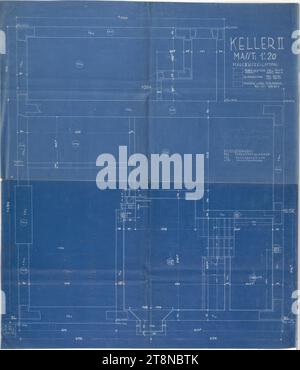 Haus Hans und Anny Moller, Wien XVIII., Starkfriedgasse 19, Grundriss, Keller mit Angaben zur Art des Mauerwerks, 1:20, Architekturzeichnung, Bauplan Stockfoto