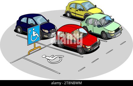 Behindertenparkplatz. Stadtparkplatz mit verschiedenen Autos. Es gibt keine Parkplätze. Städtischer Verkehr. Vektorabbildung. Stock Vektor