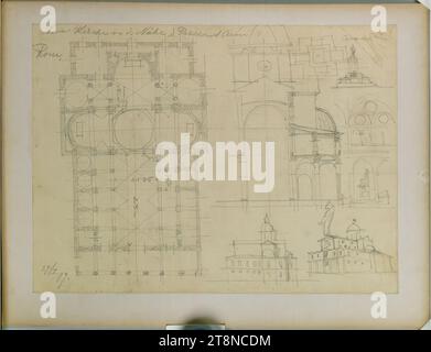 Rom, neue Kirche in der Nähe der Piazza d'Armi, Grundriss, Höhe, Kreuz- und Längsschnitt, Perspektive, 1899, Grundriss, Papier, mittelschwer; Bleistiftzeichnung, 24,9 x 32,7 cm, oben links: 'neue Kirche in d. nahe d. Piazza d Armi/Rome.', oben rechts: 'Cavour', unten links: '27./ I. 99 Stockfoto