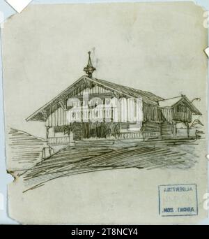 Architekturüberblick, Studien eines Tiroler Hauses, Perspektive, Architekturzeichnung, Aquafix; Vorzeichnung mit Bleistift und Stift (schwarz), 11,1 x 10,1 cm Stockfoto