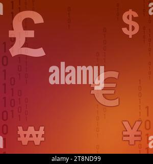 Verschiedene Währungssymbole werden auf einem leuchtend roten Hintergrund angezeigt. Die Symbole stehen für verschiedene globale Währungen wie US-Dollar, Euro und Britisch Stockfoto