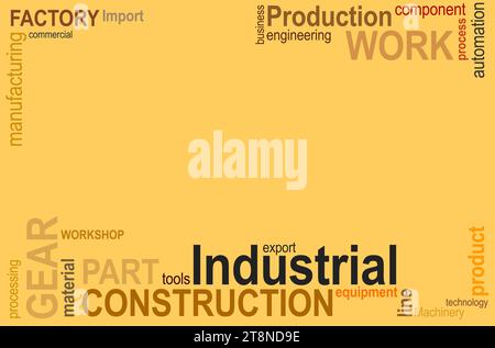 Eine lebendige Wortgrenze mit den Wors Industriebauten in verschiedenen Größen und Farben. Verschiedene Begriffe, die mit diesem Feld verknüpft sind, werden in ausgelöst Stockfoto