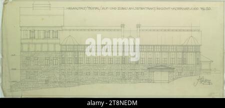 Bad Groß-Ullersdorf, Sanatorium Thesstal, Bau und Erweiterung des Badeflügels, Alternative, Höhenlage, Alfred Castelliz (Celje 1870 - 1940 Wien), um 1927, Architekturzeichnung, Aquafix; Bleistiftzeichnung, x cm Stockfoto