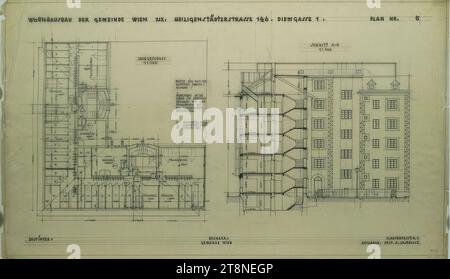 Wien-Döbling, Haus Diemgasse 1, Wohnhaus der Gemeinde Wien, Variante mit Erkerfenster, Grundriss des Dachgeschosses und Sektion, Alfred Castelliz (Celje 1870 - 1940 Wien), 1928, Architekturzeichnung, Aquafix; Bleistiftzeichnung und Federzeichnung (schwarz), 42,1 x 72,2 cm, "WOHNHAUS DER GEMEINDE WIEN XIX. HEILIGENSTADTSTRASSE 146. DIEMGASSE 1. PLAN NR. 5' Stockfoto