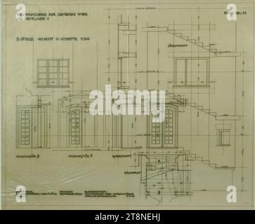 Wien-Döbling, Haus Diemgasse 1, Wohnhaus der Gemeinde Wien, 2. Treppe, Grundriss, Höhe, Abschnitte, Alfred Castelliz (Celje 1870 - 1940 Wien), 1928, Architekturzeichnung, Transparentpapier; Kopie, 52,8 x 63,1 cm Stockfoto