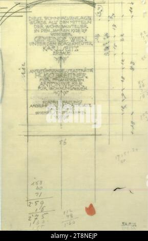 Wien-Döbling, Haus Diemgasse 1, Wohnhaus der Gemeinde Wien, Vorraum, Skizze für die Gedenktafel, Erhebung, Alfred Castelliz (Celje 1870 - 1940 Wien), 1929, Architekturzeichnung, Aquafix; Bleistiftzeichnung, 20 x 12,7 cm Stockfoto