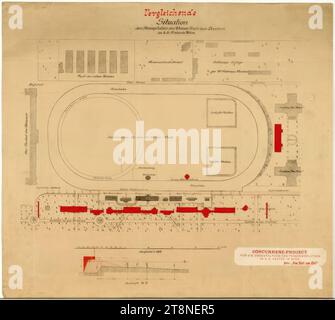 Wien, Krieau, Trab-Anlage, Wettbewerbsprojekt 'von Anfang bis Ende', vergleichende Situation, 1898, Architekturzeichnung, Bauplan, Bleistiftvorzeichnung, mit rotem Stift und rotem Aquarell; Papier, mittelfest; Wettbewerbsmarkierung rechts unten auf dem Plan angebracht., 63 x 70,5 cm, verschiedene Beschriftungen Stockfoto