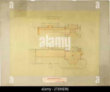 Wien, Krieau, Trabtieranlage, Wettbewerbsprojekt 'von Anfang bis Ende', Musik- und Buffetpavillon, Grundriss (Erdgeschoss und Obergeschoss), Anton Drexler (Wien 1858 - 1940 Wien), Josef Drexler (Wien 1850 - 1922 Wien), 1898, Architekturzeichnung, Bleistiftzeichnung; Papier, fein, 53 x 72,3 cm Stockfoto