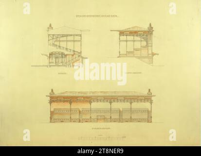 Wien, Krieau, Trabtieranlage, Wettbewerbsprojekt „von Anfang bis Ende“, Sitz- und Stehständer (Tafel-Raum), Front- und Seitenansicht und Sektion, Anton Drexler (Wien 1858 - 1940 Wien), Josef Drexler (Wien 1850 - 1922 Wien), 1898, Architekturzeichnung, Bleistiftzeichnung, gefärbt mit Buntstift (orange), Zeichnung und Wettbewerbsmarkierung auf Karton; Papier, fein; 52,5 x 71,9 cm Stockfoto