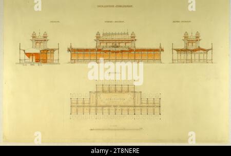 Wien, Krieau, Trabwerk, Wettbewerbsprojekt 'von Anfang bis Ende', Totalisergebäude, Grundriss, Front- und Seitenansicht und Sektion, Anton Drexler (Wien 1858 - 1940 Wien), Josef Drexler (Wien 1850 - 1922 Wien), 1898, Architekturzeichnung, Bleistiftzeichnung, Papier, fein, 52,7 x 72,3 cm, 'TOTALISATEUR - ETABLISEMENT/CUT. VORDERSEITE – ANSICHT. SEITEN - ANSICHT./GRUNDRISS.“ Funktionale Informationen Stockfoto