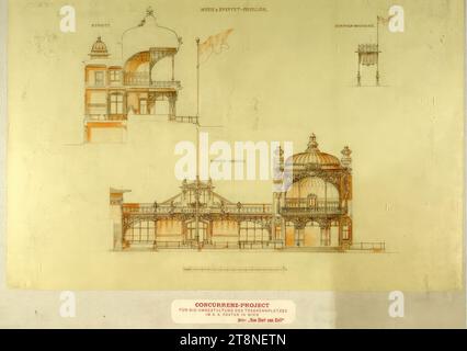 Wien, Krieau, Trabtieranlage, Wettbewerbsprojekt „von Anfang bis Ende“, Musik- und Buffetpavillon, Höhenunterschied und Abschnitt; Aufzugmaschine, Elevation, Anton Drexler (Wien 1858 - 1940 Wien), Josef Drexler (Wien 1850 - 1922 Wien), 1898, Architekturzeichnung, Bleistiftzeichnung, gefärbt mit Farbstift (orange), Zeichnung und Wettbewerbsmarkierung auf Karton montiert; Papier, fein;, 52,7 x 72,2 cm Stockfoto